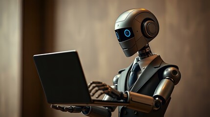 Robot in a Suit Working on a Laptop
