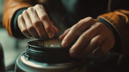 11.High-resolution image of a man's hands cleaning a camera lens with a soft-bristle brush, capturing the meticulous process against a neutral background.