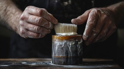 11.High-resolution image of a man's hands cleaning a camera lens with a soft-bristle brush, capturing the meticulous process against a neutral background.
