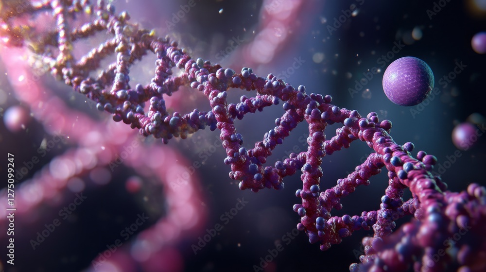 Poster closeup view of striking dna double helix with detailed visible strands and spheres on a soft dark b