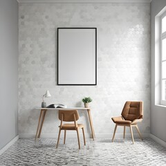 Modern Home Office Interior with Hexagon Tiles and Blank Frame