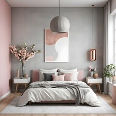 Cozy Modern Bedroom Interior with Blush Pink and Gray Accents