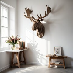 Modern Minimalist Living Room with Moose Head Mount