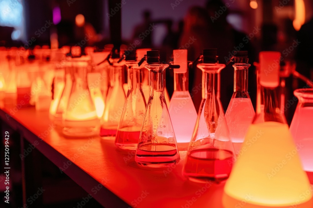 Poster glowing flasks arranged in a row for experiment in a lab, science, education
