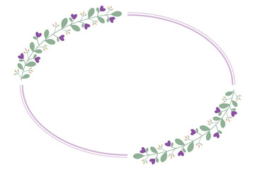 Oval Circle Borders Frame Or Wreath With Leaves And Love Purple Flowers