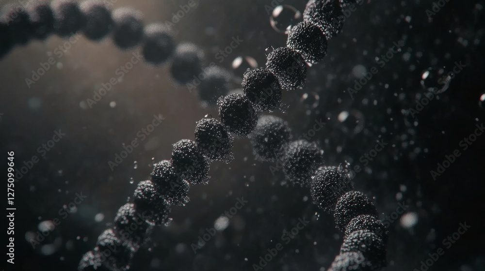 Poster closeup view of striking dna double helix with detailed visible strands and spheres on a soft dark b
