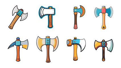 Icons sets collection of cartoon style axes with various designs and colors, including double headed and single headed axes, each with unique handles and blade shapes, on a white background.