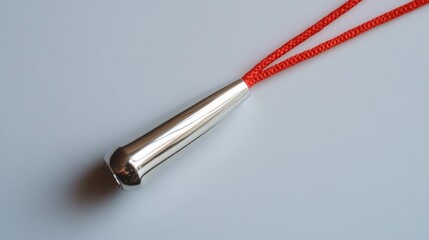 Fototapeta premium 26.Overhead view of a polished metal whistle attached to a vibrant red cord, its sleek surface casting soft reflections against a light grey background.