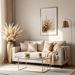 Beige Living Room Interior with Gold Accents