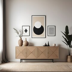 Modern Minimalist Living Room Interior with Wooden Cabinet and Abstract Art