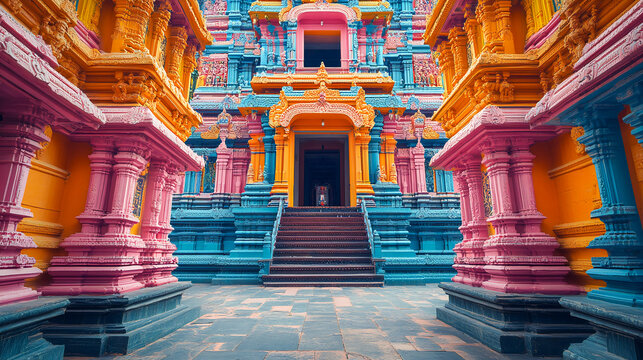 Vibrant colors adorn the ancient Sri Ranganathaswamy Temple in Srirangam, India, a majestic Hindu shrine surrounded