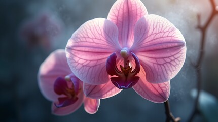 A close-up of an exotic orchid surrounded by a light mist