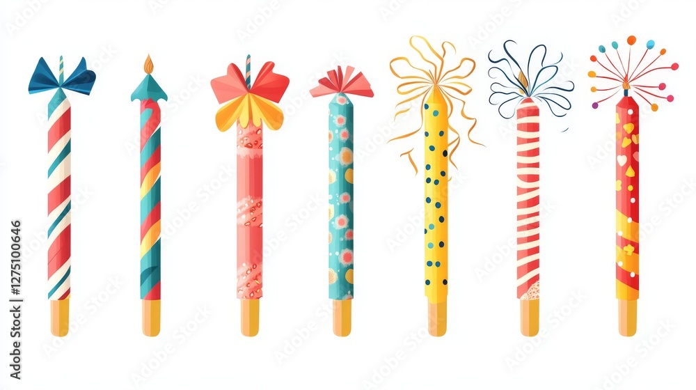 Fototapete 40.Comprehensive set of birthday blowers, each rendered in a flat vector style with cheerful patterns and curled paper ends, neatly arranged against a white backdrop.