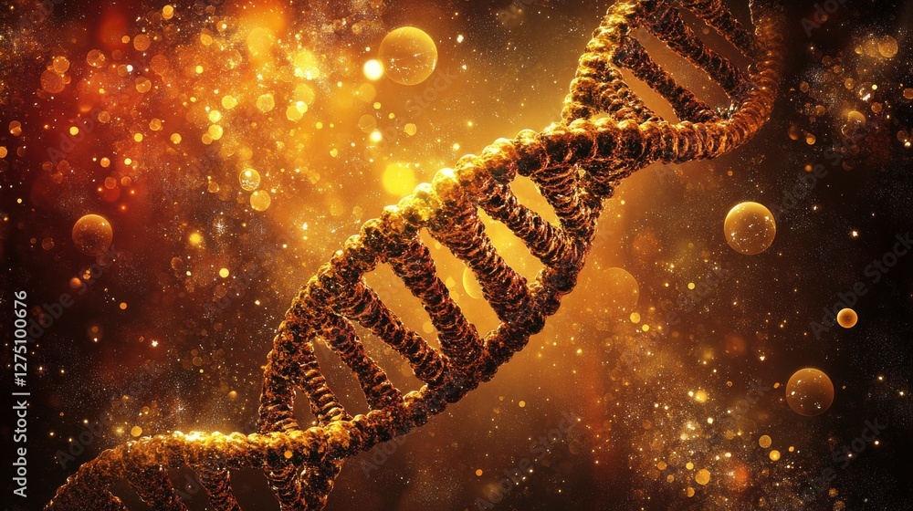 Poster closeup view of striking dna double helix with detailed visible strands and spheres on a soft dark b