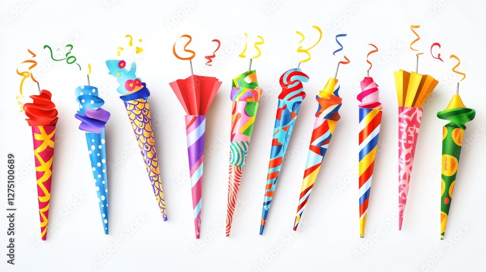 Poster 40.comprehensive set of birthday blowers, each rendered in a flat vector style with cheerful pattern