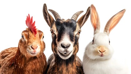 Fototapeta premium Three domestic farm animals face forward against a white background