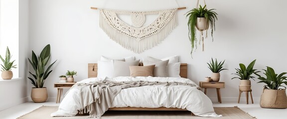 Bohemian Bedroom Interior with Macrame Wall Hanging and Plants