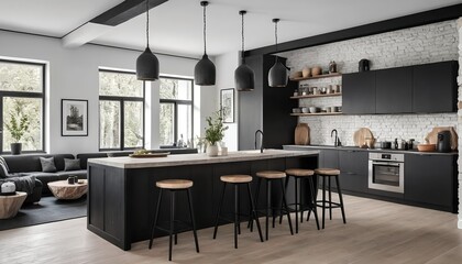 Modern Black and White Kitchen Interior with Island and Bar Stools