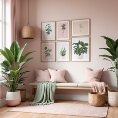 Pink and Green Bohemian Entryway with Plants and Bench