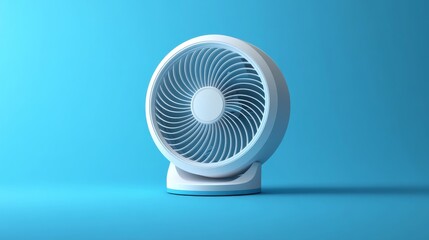 56.Bright and clean vector icon of a table fan, featuring a blue and white color scheme with a circular blade grill and a compact base.