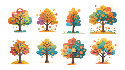 Icons sets collection of colorful stylized trees with various autumn leaves and patterns, each uniquely designed, highlighting the beauty and diversity of fall foliage