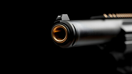 A close-up view of a handgun's muzzle, highlighting its details against a stark black background, evoking a sense of tension and intrigue.