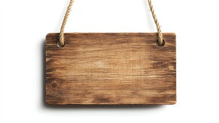 A rustic wooden sign hanging on a rope, isolated on white. Perfect for vintage decor, custom labels, or rustic designs. High-quality, clean, and versatile for any project