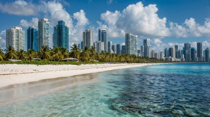Obraz premium A white sandy beach is lined with coconut trees beneath a blue sea, and a modern city skyline is visible in the distance.