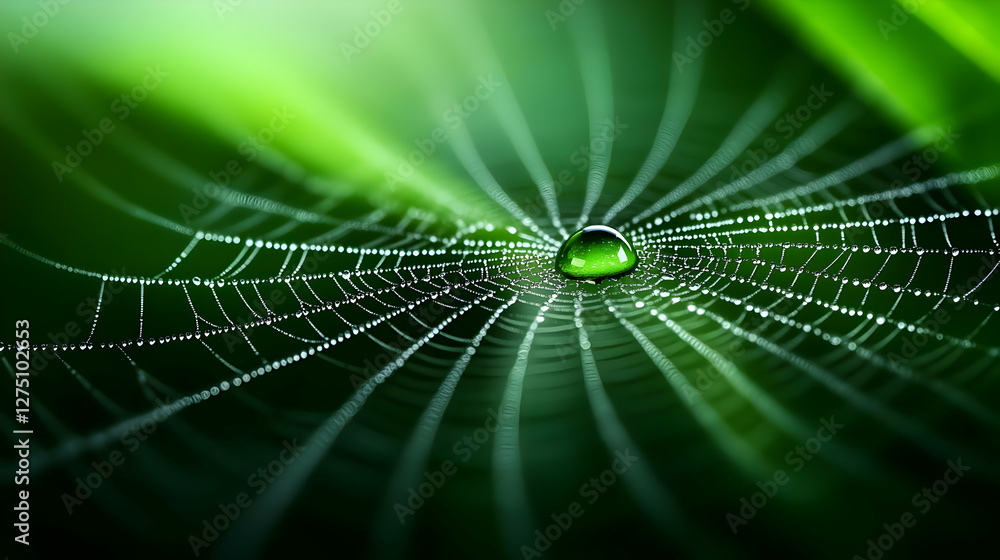 Poster a close-up view of a spider web adorned with water droplets, showcasing intricate patterns and vibra