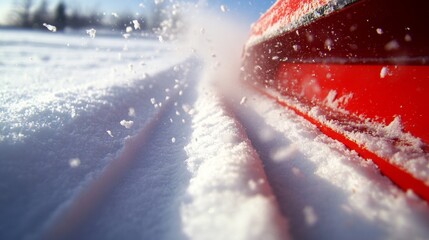 74.Close-up of a bright red portable snow blower clearing a snowy driveway, with freshly cut paths of clean snow and billowing powder in the air.