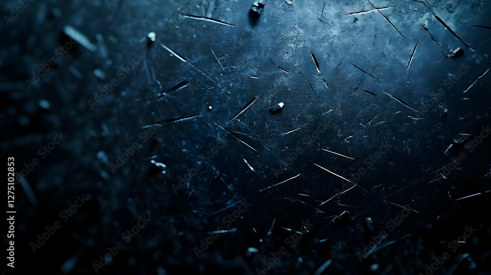 Poster a close-up view of a textured surface, featuring scratches and particles against a dark background, 