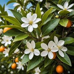 Fototapeta premium Blooming Orange Tree with White Flowers and Ripe Fruit