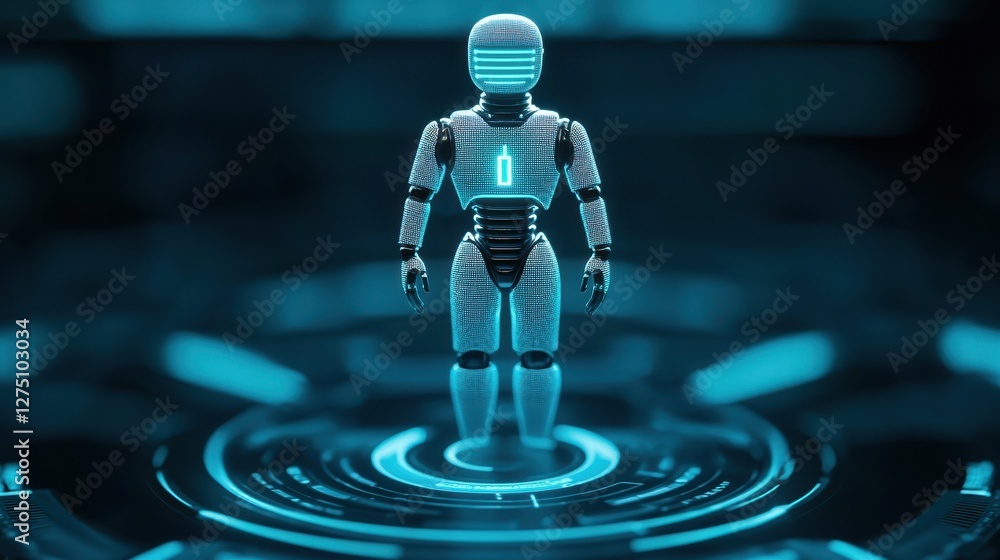 Poster law restriction compliance standards concept. a futuristic robot stands in a glowing blue environmen