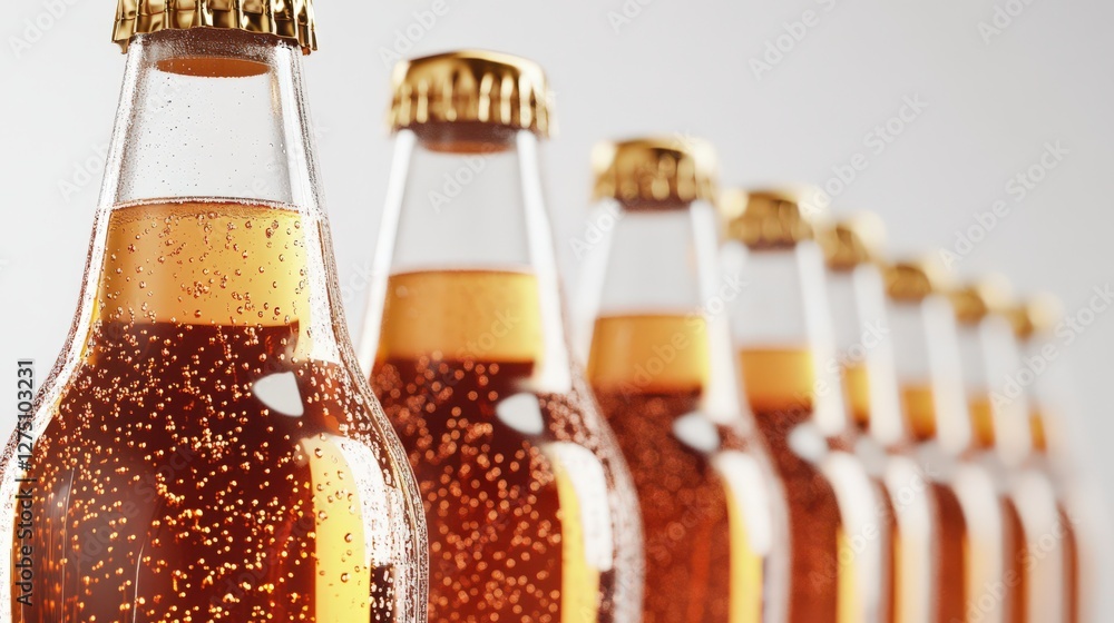 Poster close-up view of sparkling beverage bottles lined up on a shelf with bubbles visible