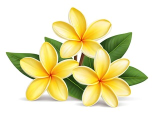 Obraz premium Three Yellow Plumeria Flowers with Green Leaves