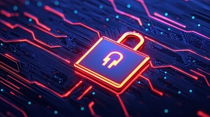 Law restriction compliance standards concept. A glowing padlock icon on a digital circuit background represents cybersecurity and data protection.
