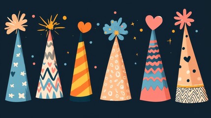 88.Minimalist depiction of colorful party hats in flat design style, with a variety of patterns such as hearts, chevrons, and festive swirls.