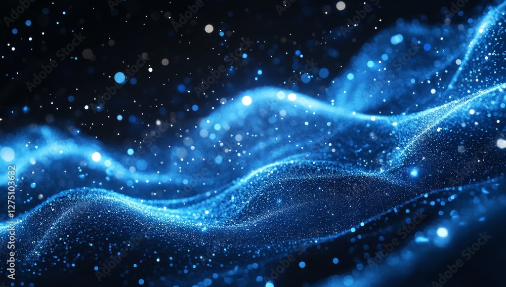 Poster blue particle wave, digital abstract, dark space, bokeh background, tech design