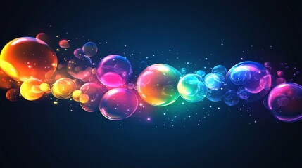95.Dynamic cluster of colorful soap bubbles, varying in size and glowing with refracted rainbow colors, suspended in mid-air on a dark background.