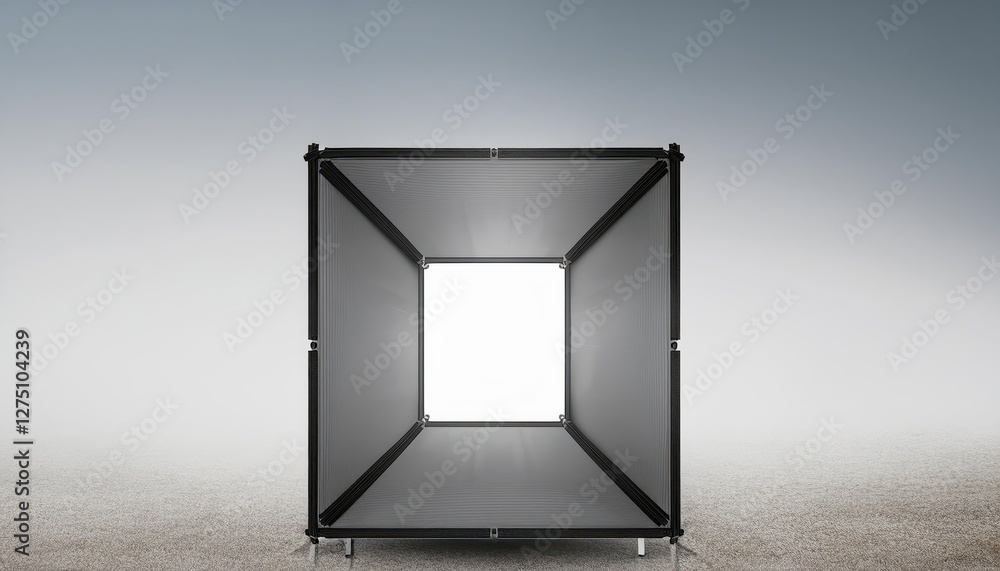 Poster striking lightbox against a pristine white backdrop, projected with a 3d rendering of a minimalist s