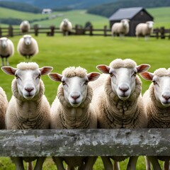 Obraz premium Curious Sheep Peeking Over Wooden Fence