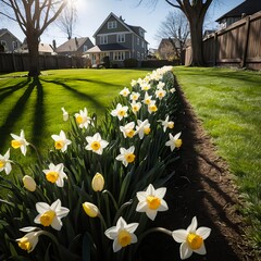 Obraz premium Sunlit Daffodil Row in Suburban Backyard