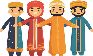 Friendly Diverse Men in Traditional Clothing Embrace