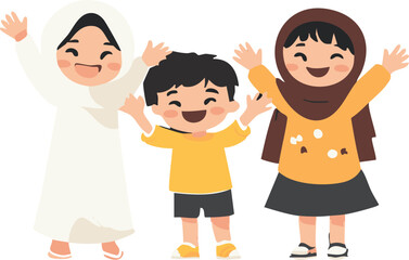 Obraz premium Happy Muslim Children Illustration Joyful Kids Celebrating