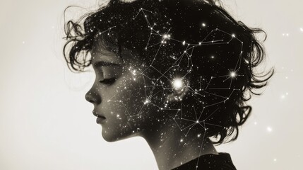 Stunning Double Exposure of Woman's Profile with Cosmic Elements