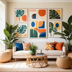 Modern Living Room Interior with Abstract Art and Tropical Plants