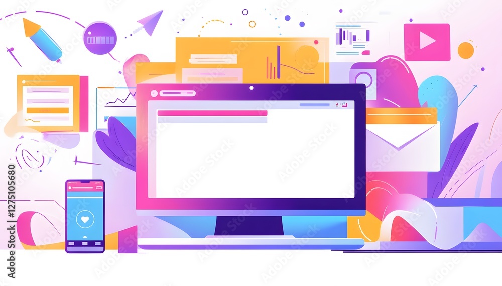 Poster modern digital workspace with computer and application icons displayed