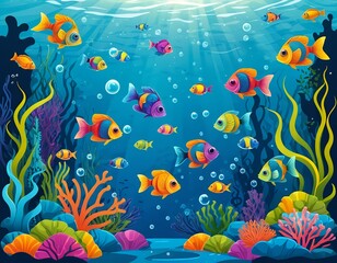 Vibrant Underwater Scene with Colorful Fish and Coral Reef
