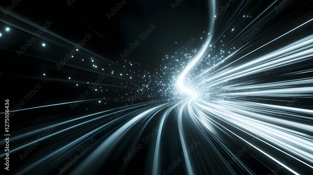 Poster a dynamic light trail creating a sense of movement and energy in a dark space, symbolizing innovatio
