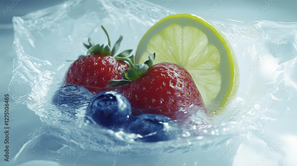 Poster fresh strawberries and blueberries with a slice of lemon in ice, creating a refreshing scene